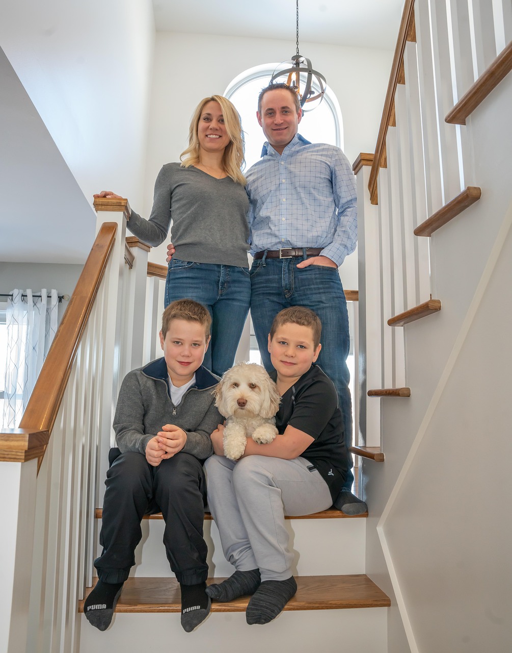 family, portrait, staircase, pet, dog, love, together, animal, indoors, home